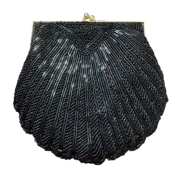 Carla Marchi Black Beaded Clamshell Clutch Handbag Evening Bag Vintage - Picture 1 of 8